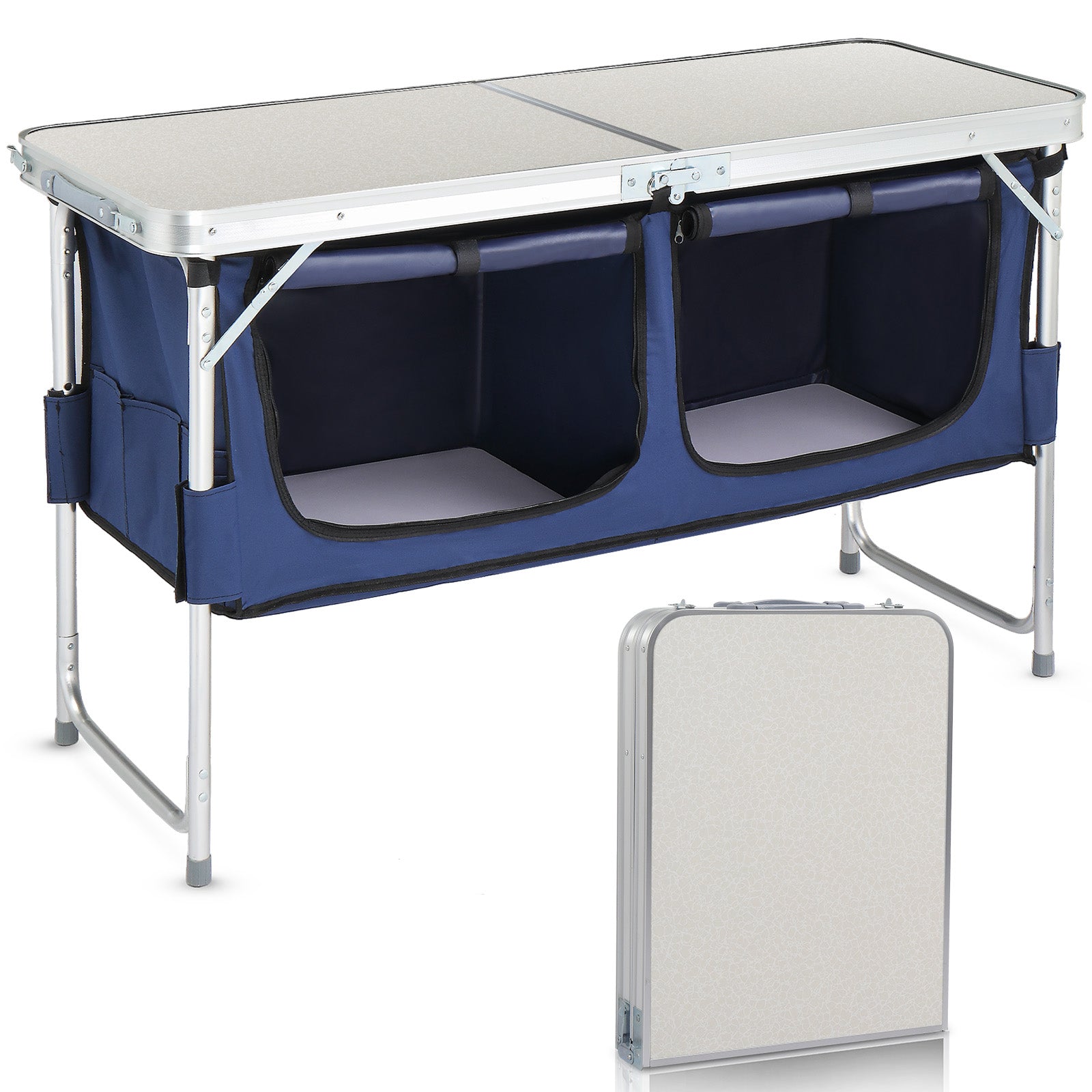 4ft Aluminum Folding Camping Table With 2 Large Storage Compartments, Portable Outdoor Picnic BBQ Buffet Serving Table