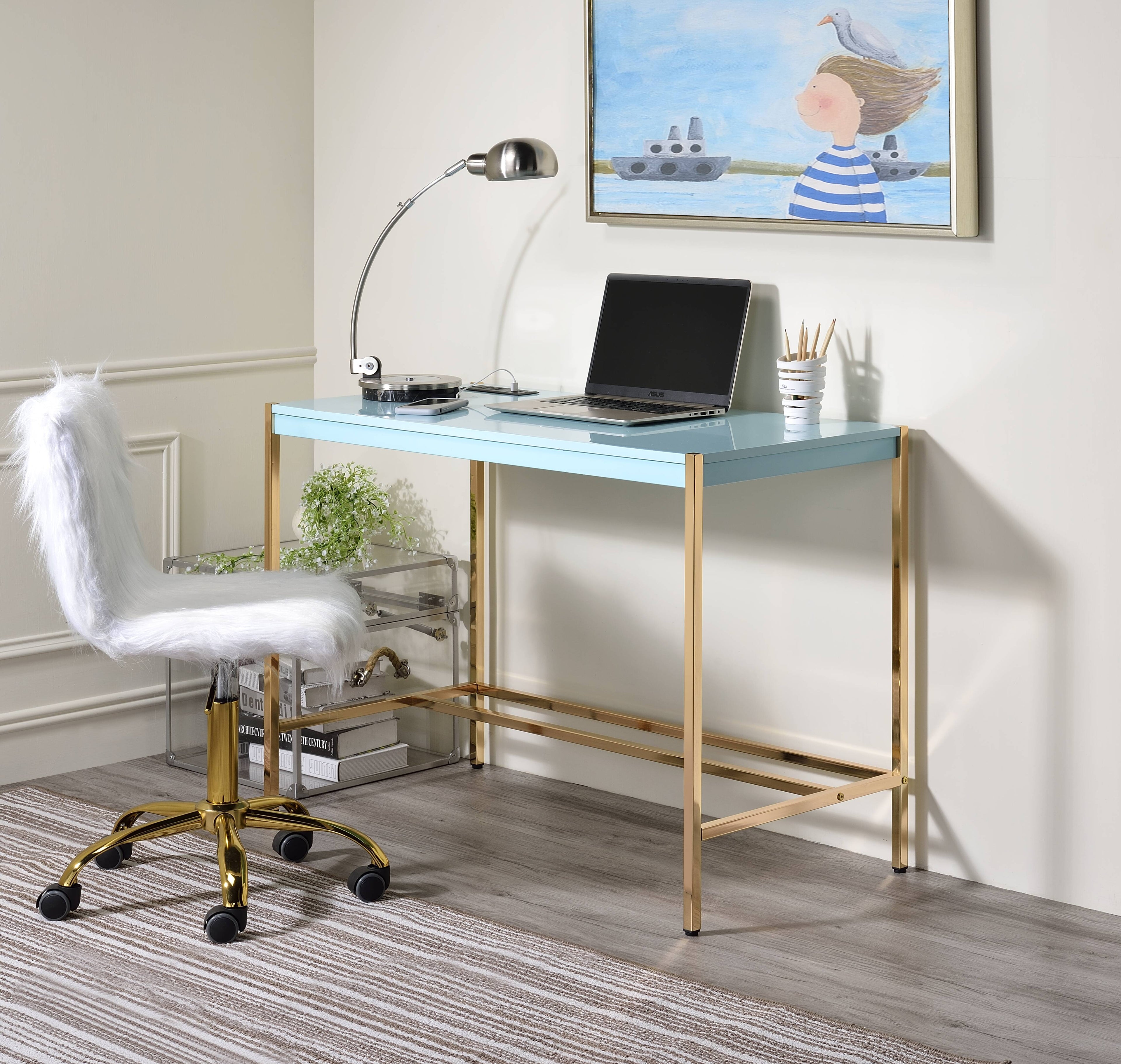 Midriaks Baby Blue & Gold Finish Writing Desk W USB