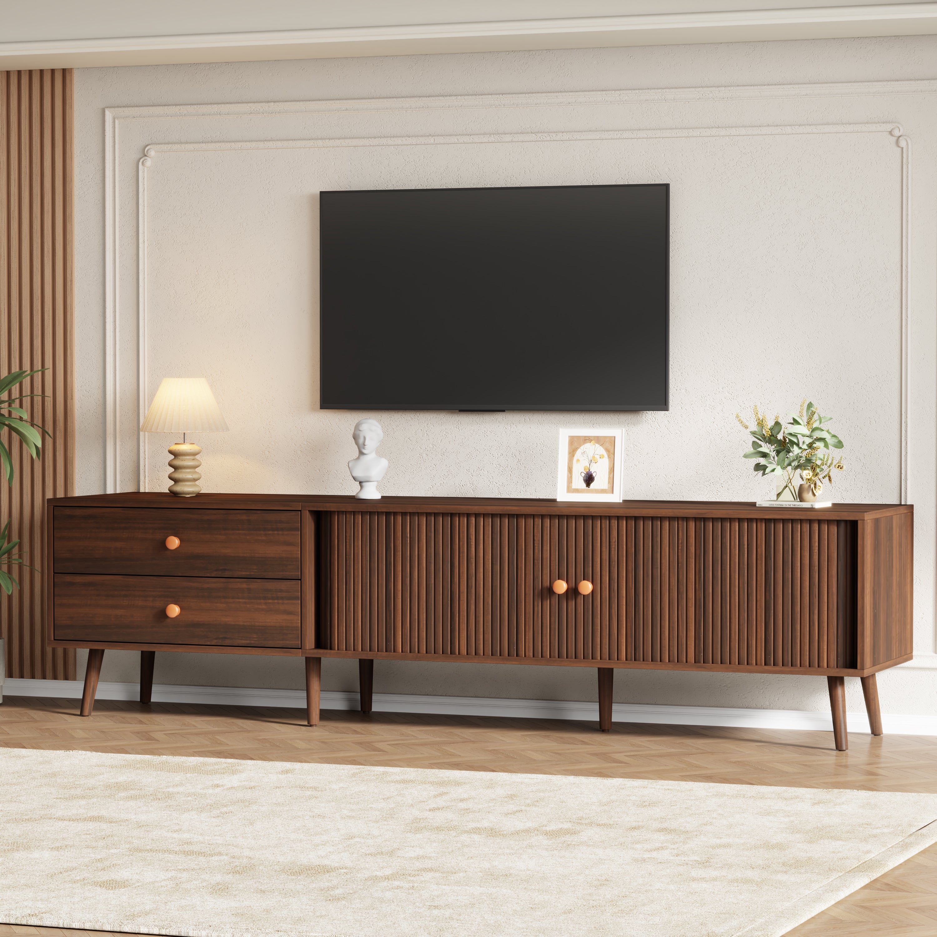 TV Cabinet,TV Stand With 2 Roller Shutter,Doors 2 Drawers And 7 Cabinet Legs,TV Table Walnut Color, Unit For TVs Up To 80 Inch,Media Enterta