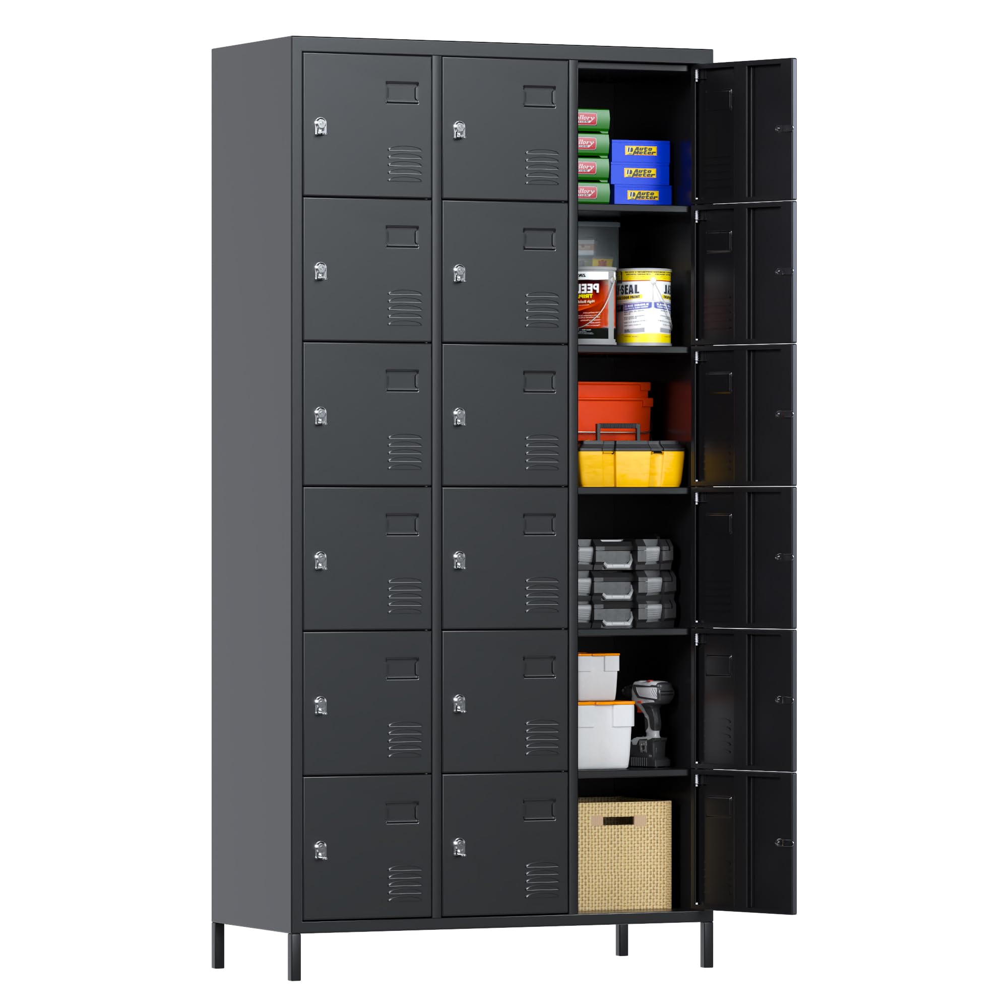 Lockers For Employees, 18 Doors Metal Storage Locker With Card Slot And Ventilation Holes For Office Home School Gym Garage, Black, Assembly