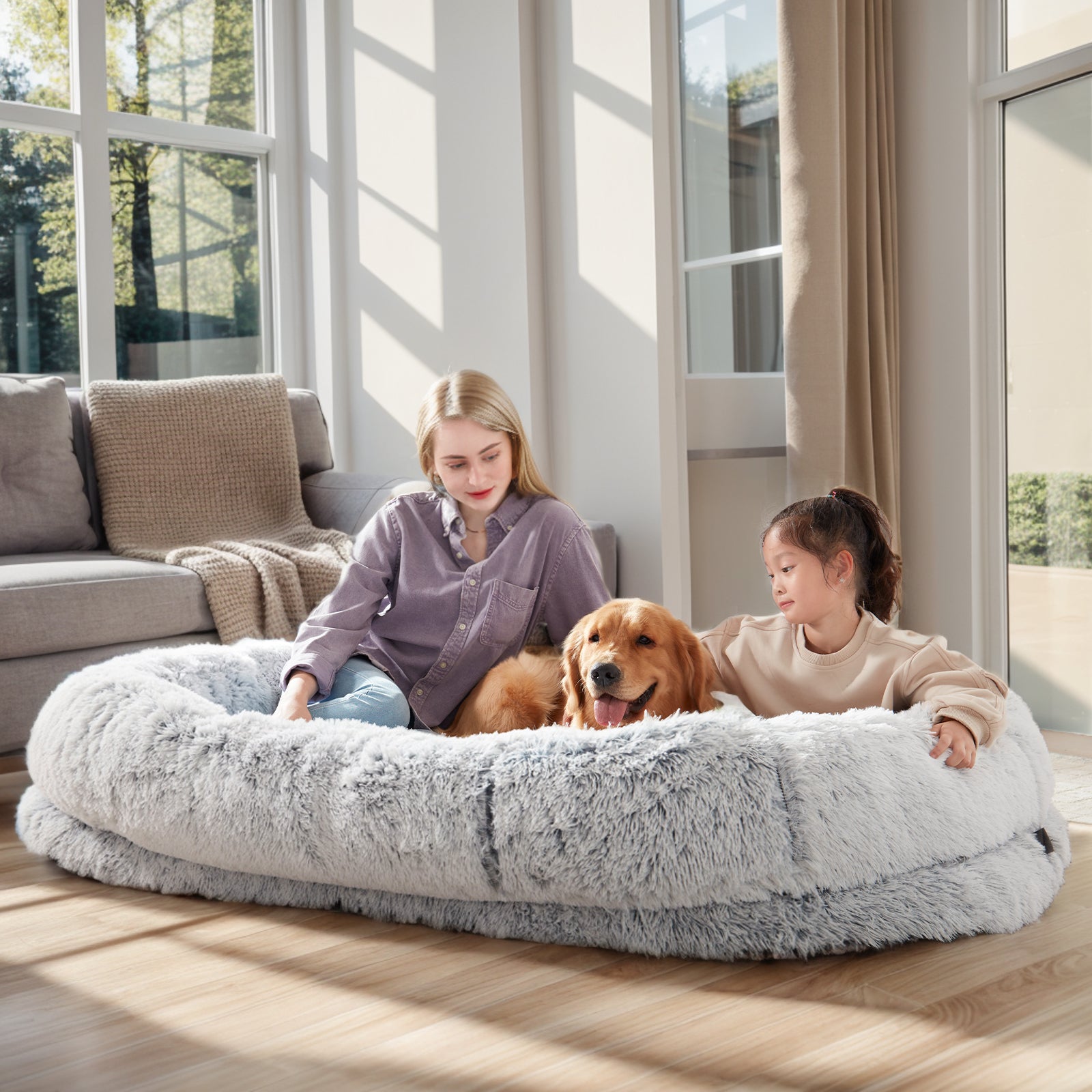 Human Dog Bed - 63 In X 31.4 In X 9.5 In Washable Faux Fur Lounger For Adults & Pets, Cushion With Orthopedic Support, Includes Pillow & Bla