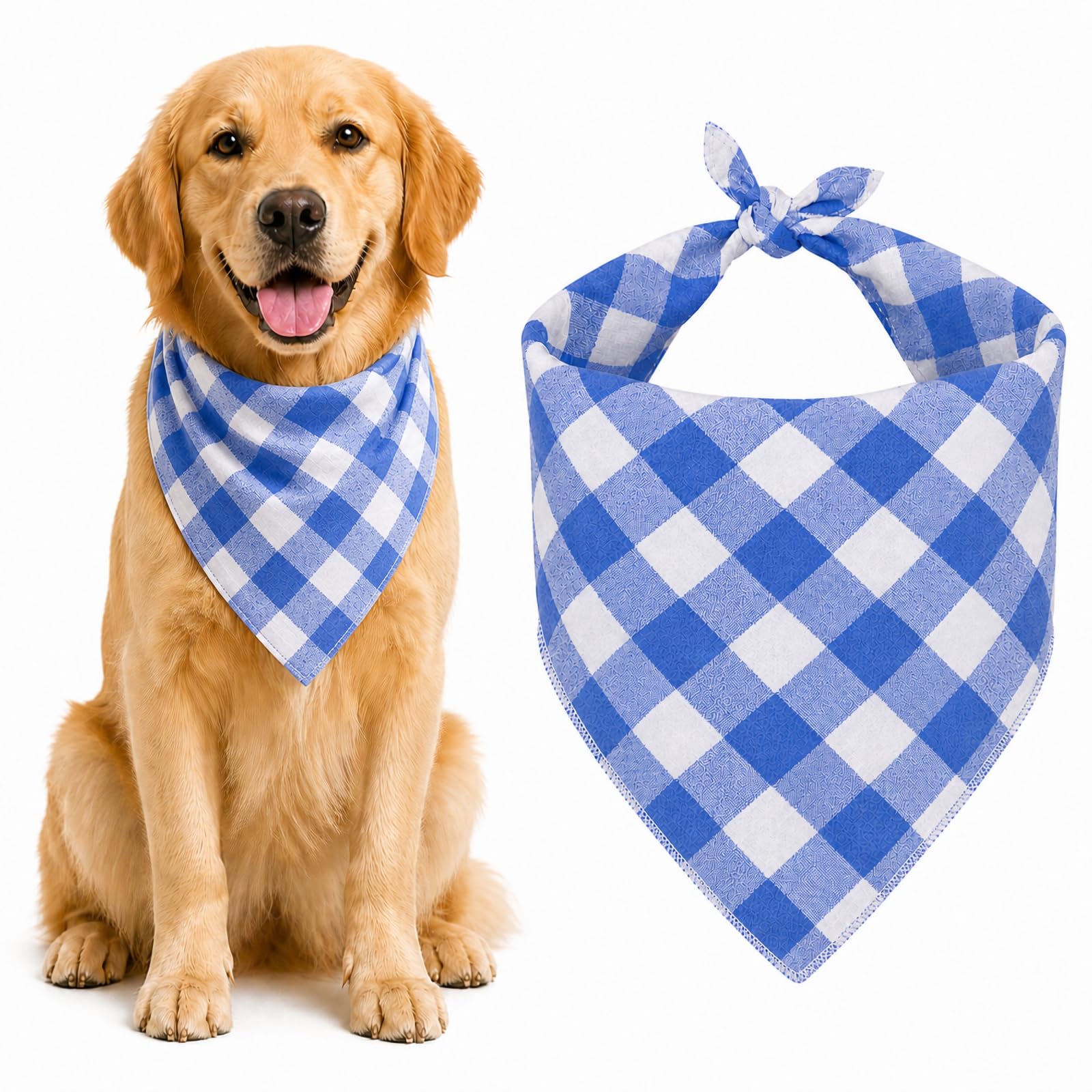 Blue & White Plaid Dog Bandana 1 Pack, Soft Cotton Blend Square Pet Scarf For Medium Dogs, Lightweight Breathable Kerchi