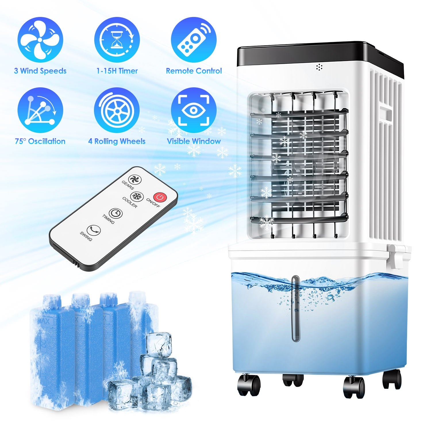 Portable Air Cooler Fan 12L Evaporative Air Conditioner With 3-Speed Dual Water Tank Touch & Remote Control 4 Wheels 4 I