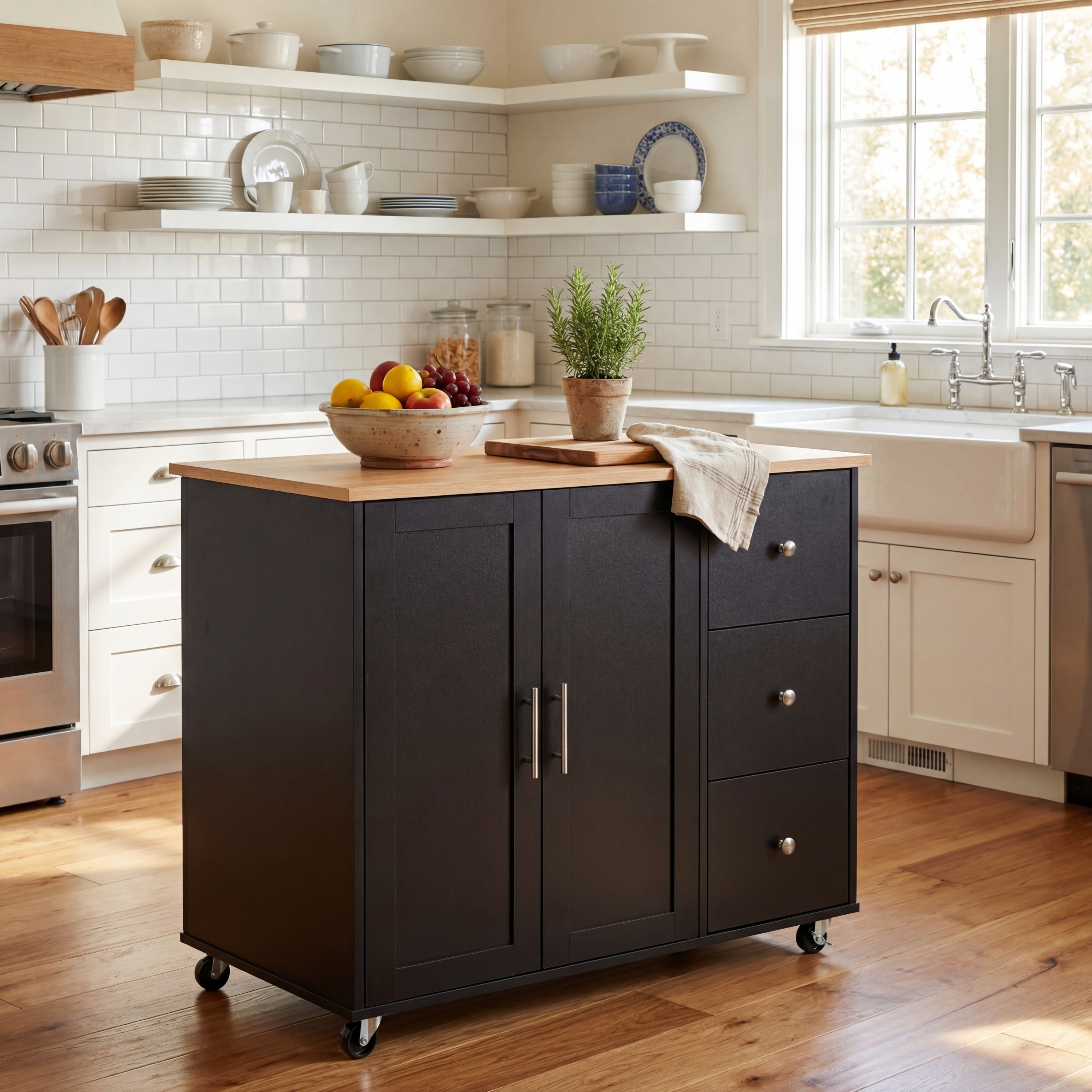 Mobile Kitchen Cart With Storage, 39.76 Rolling Kitchen Island With 2 Doors, 3 Drawers & Adjustable Shelf, Black Utility Cart For Kitchen Di