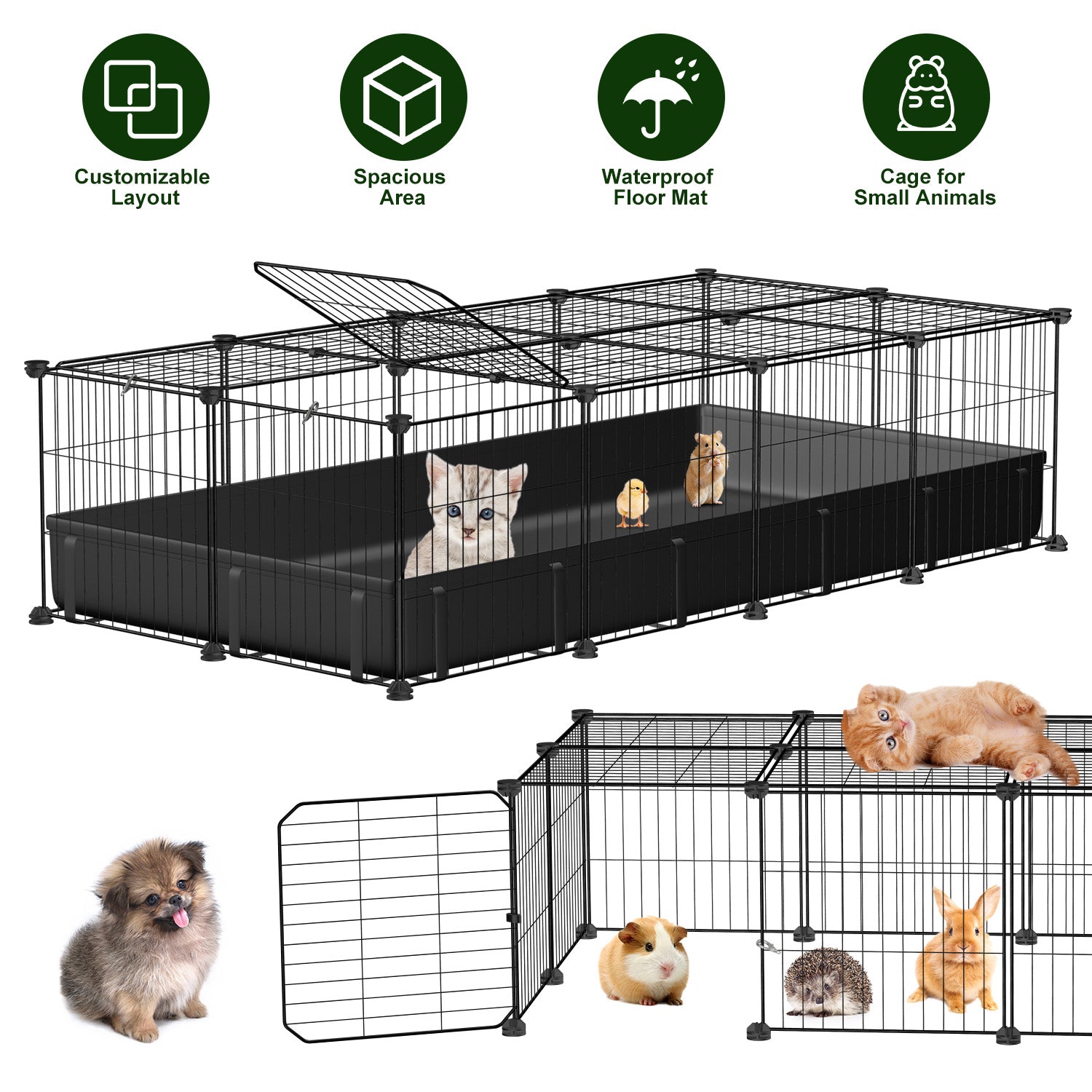 47x24x12IN Guinea Pig Cage Small Animal Playpen DIY Metal Pet Enclosure With 20 Panels Waterproof Floor Mat For Hedgehogs Chickens Ducklings