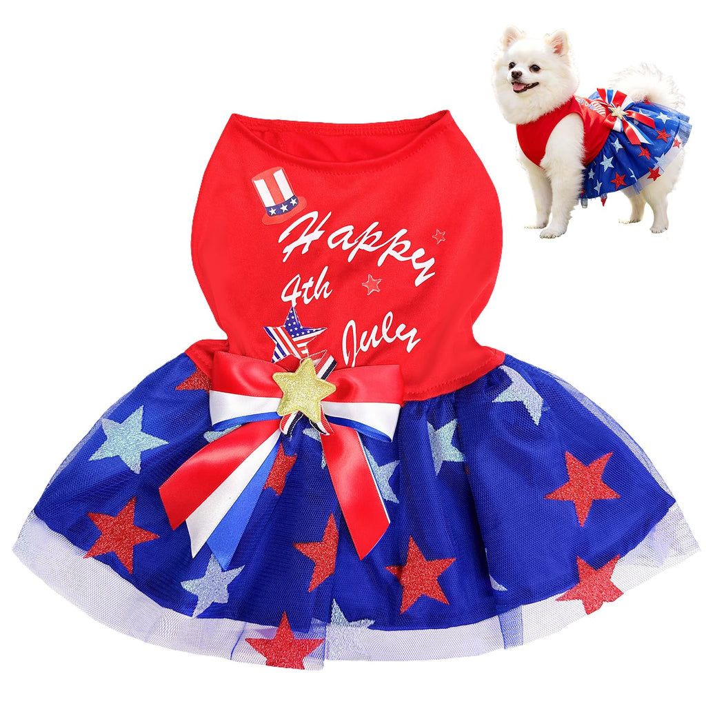 Dog Tulle Dress Independent Day Patriotic Stars Dog Outfit Sparkly Pet Holiday Dress With Bow For Small Dogs Cat Clothes