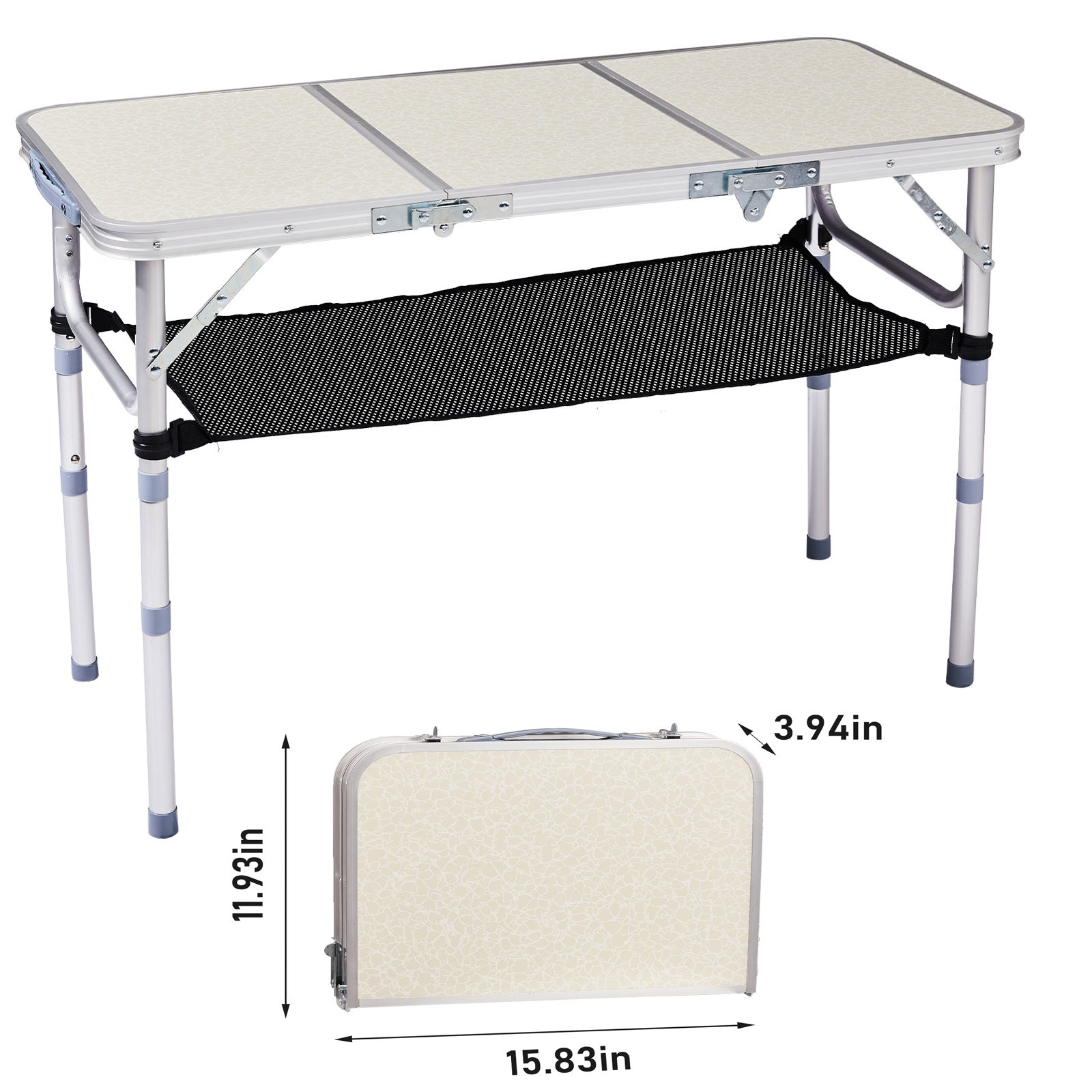 3ft Portable Adjustable Height Aluminum Folding Camping Table With Mesh Storage Shelf, Outdoor Picnic Beach BBQ Side Desk