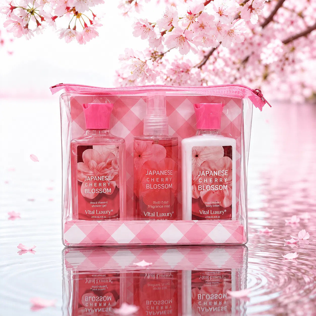 Portable 3pc Travel Body Care Kit-Cherry Blossom & Cotton Candy Fragrance-Refreshing Shower Gel, Moisturizing Lotion & B
