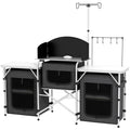 Aluminum Camping Kitchen, Portable Folding Camping Table With Fabric Cupboards, Windshield, Bag For BBQ, Picnic, Black