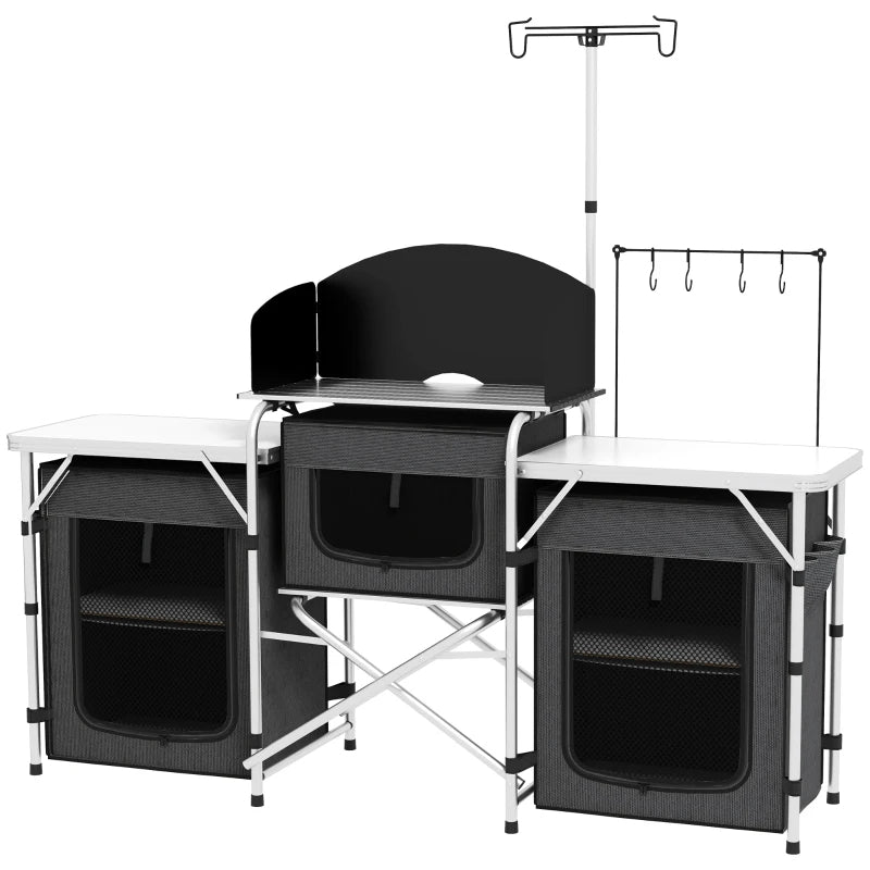 Aluminum Camping Kitchen, Portable Folding Camping Table With Fabric Cupboards, Windshield, Bag For BBQ, Picnic, Black