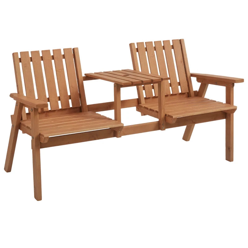 Patio Bench, Garden Bench With Middle Table And Umbrella Hole, Wooden Outdoor Bench For Patio, Porch, Poolside, Balcony, Orange