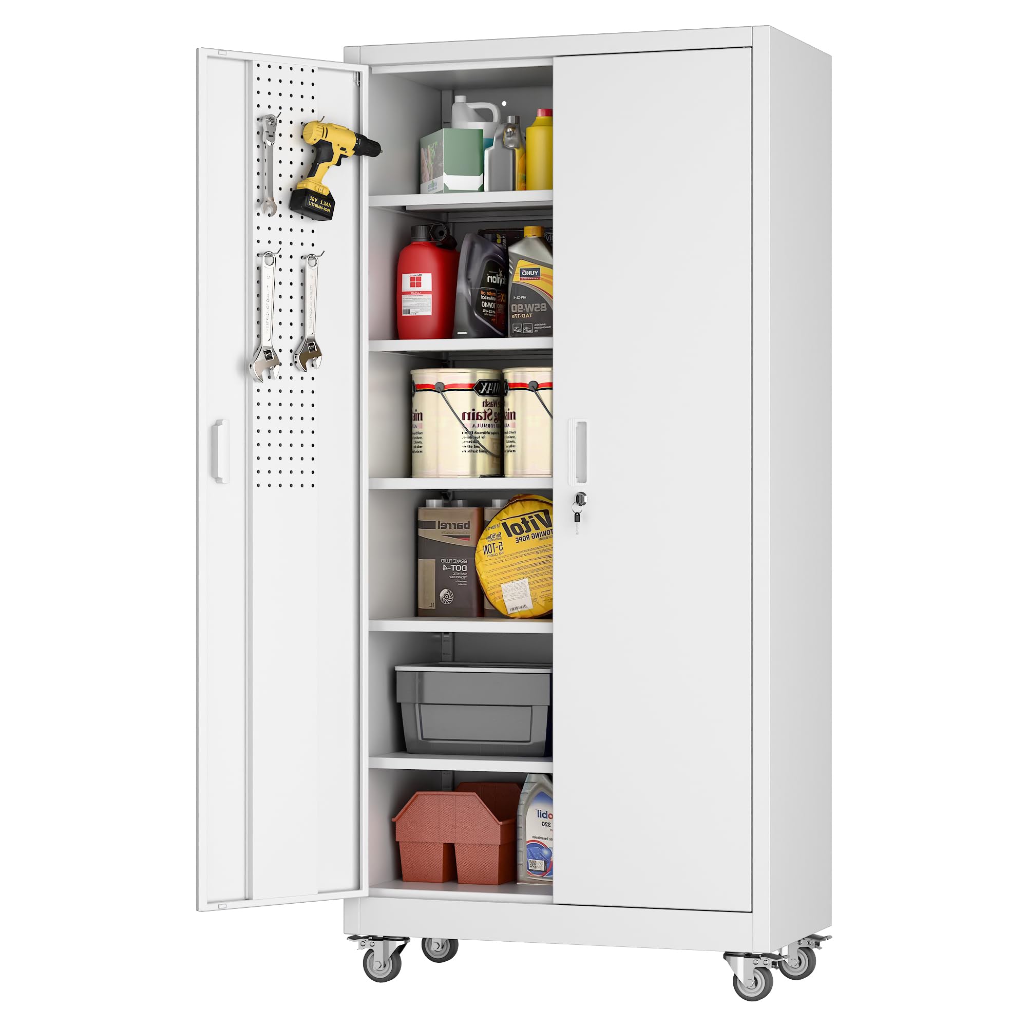 Aobabo Metal Storage Cabinet With Wheels, Steel Locking Cabinet With Pegboard Doors, Garage Cabinet For Office Pantry, 5 Adjustable Shelves