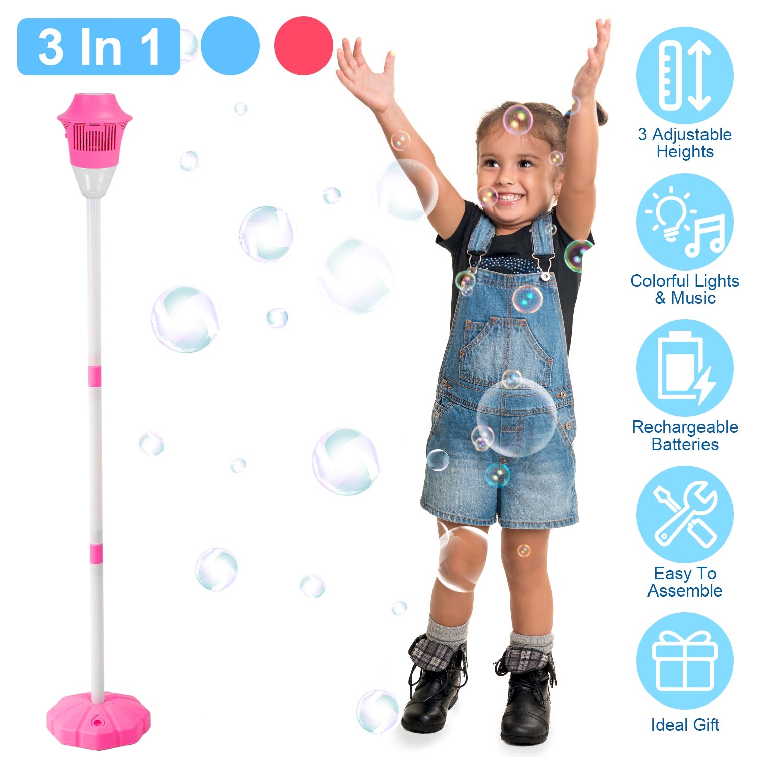 1Pc 3 In 1 Standing Bubble Machine With Colorful Lights And Music Rechargeable Bubble Maker Stand With 2 Modes 3 Adjusta