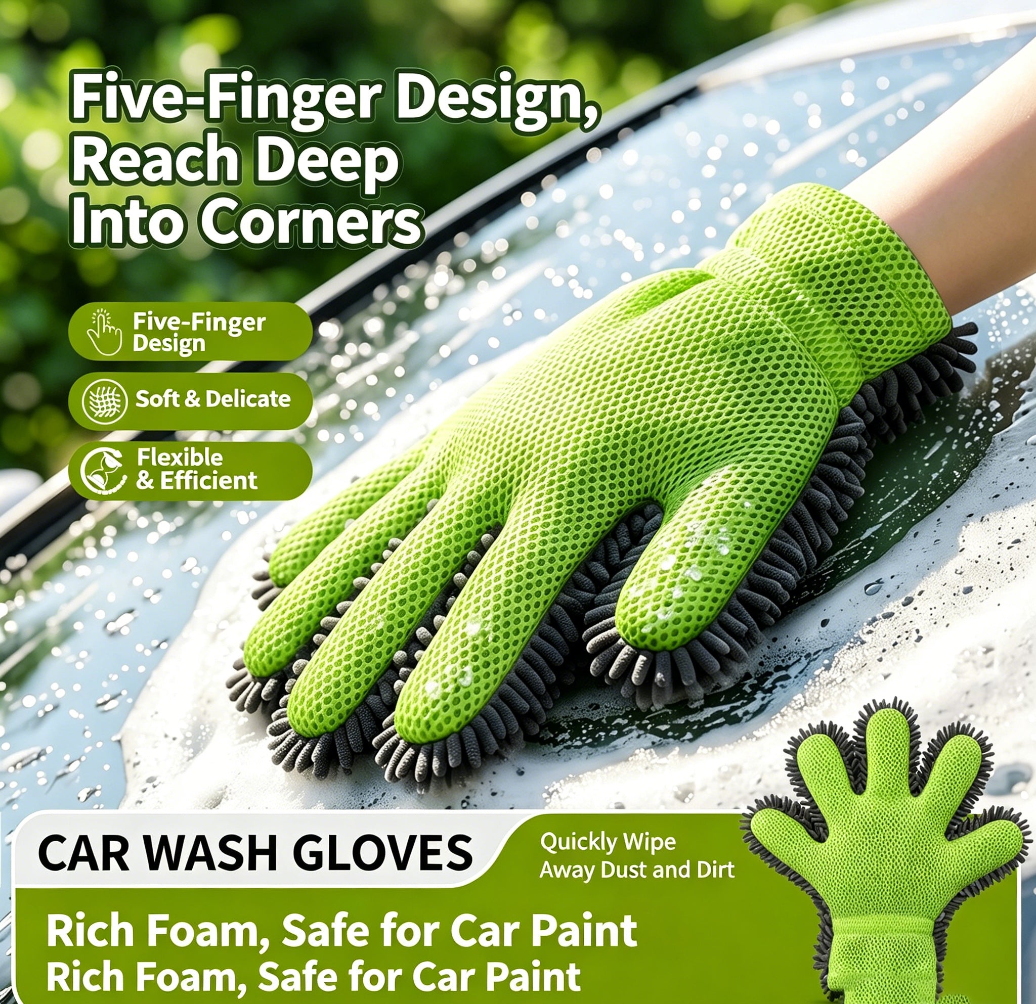 Thickened Chenille 5-Finger Car Wash Gloves, Rich Foam Cleaning Gloves, Professional Car Washing Towels For Auto Detaili