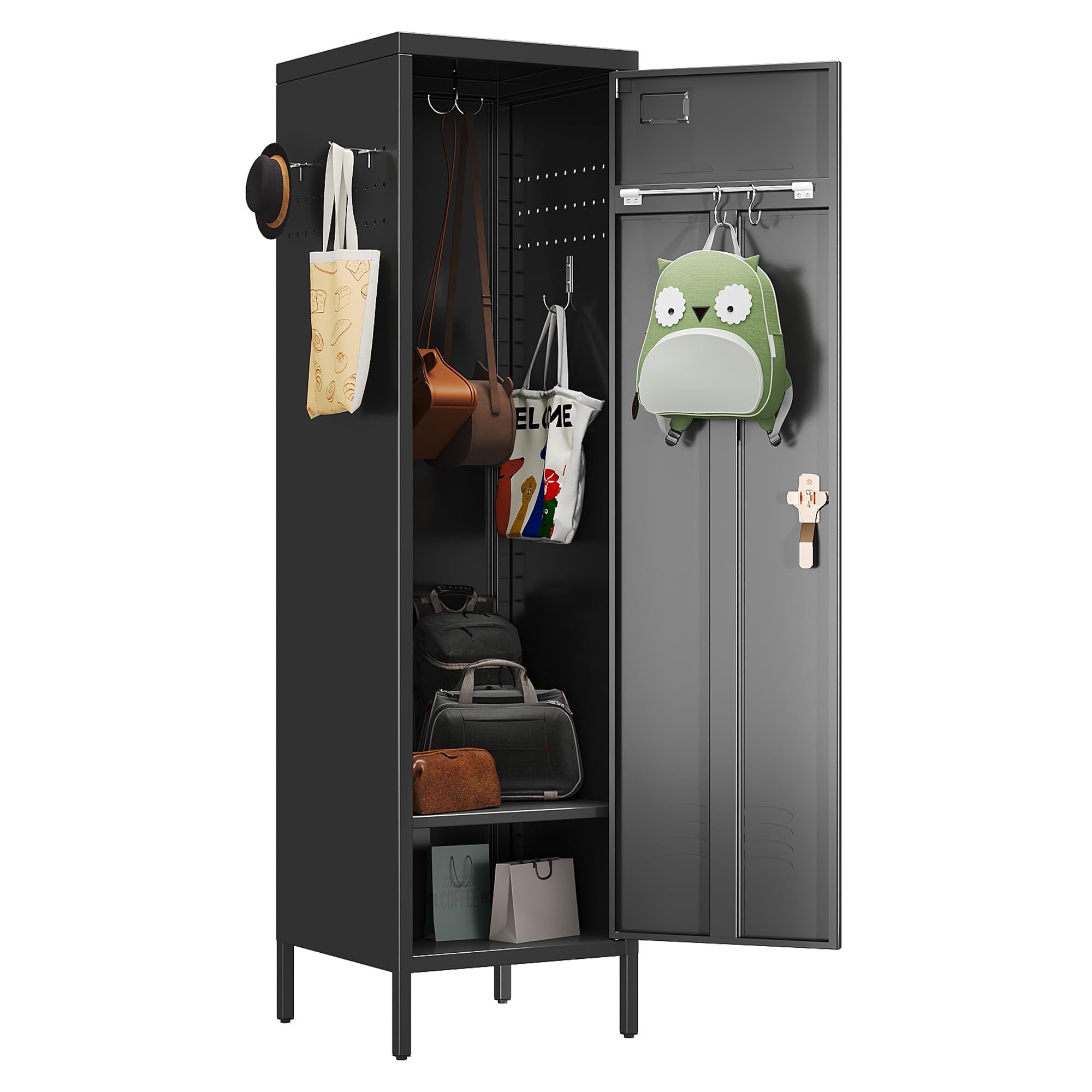 SUPEER 1 Door Metal Storage Lockers With Handle And Hanging Rod,Metal Locker For Employees With Pegboard And Hooks For Home,Office,Gym, Scho