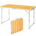 4FT Adjustable Height Folding Table, 120-60cm Portable Aluminum Foldable Camping Table Wood Grain Utility Table For Picnic BBQ Party Indoor