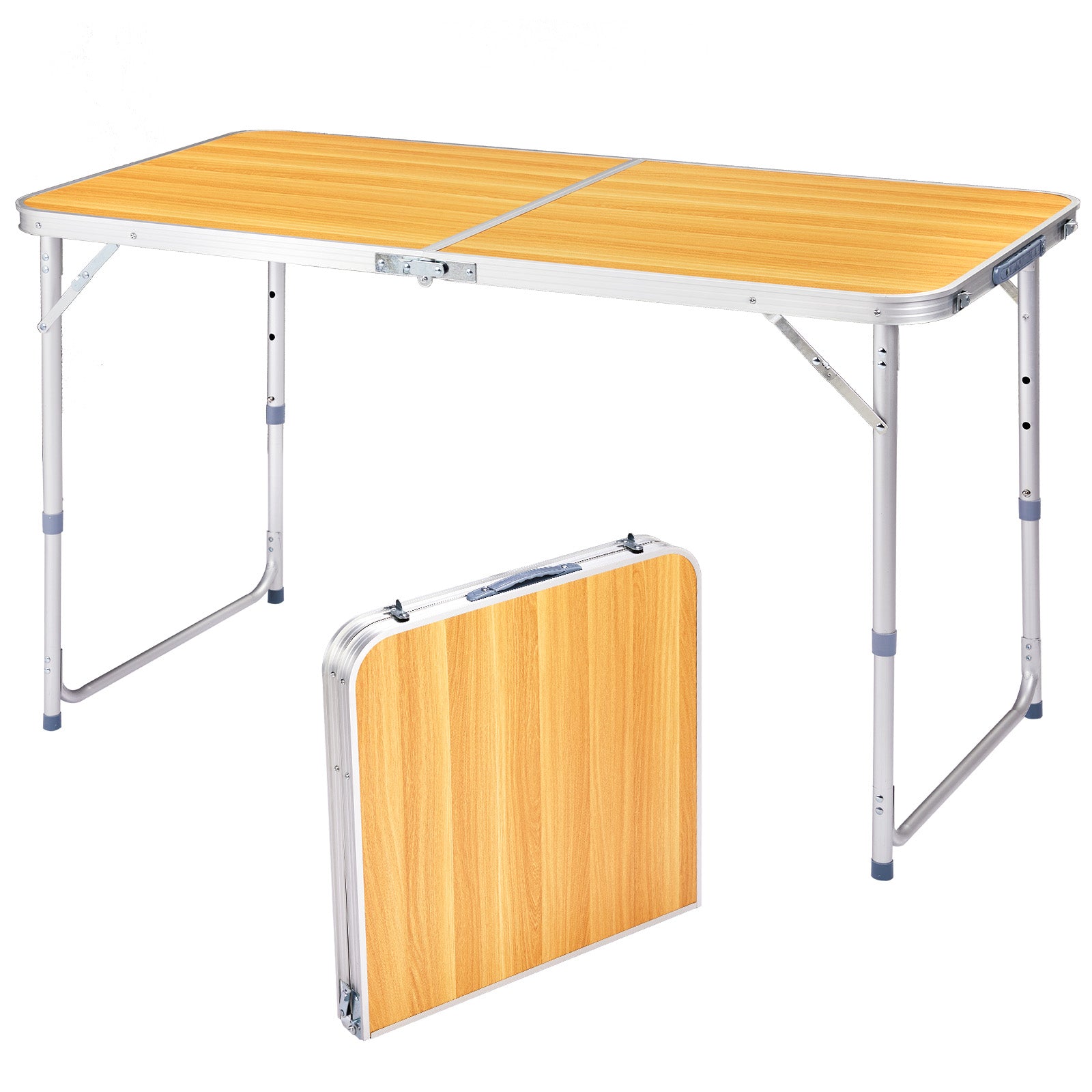 4FT Adjustable Height Folding Table, 120-60cm Portable Aluminum Foldable Camping Table Wood Grain Utility Table For Picnic BBQ Party Indoor