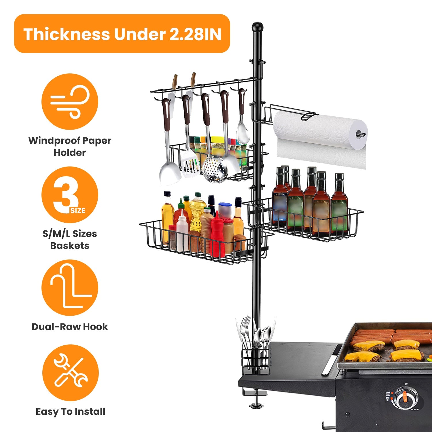 Standing BBQ Storage Caddy, Large Capacity Griddle Organizer With Multi-Size Baskets, Tool Hooks & Windproof Paper Towel Holder, Easy Assemb