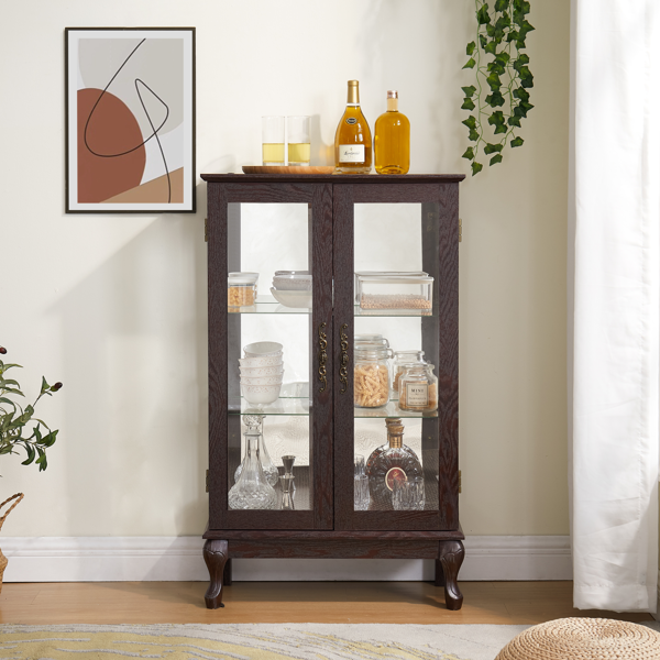 2 Doors Curio Cabinet With Tempered Glass Doors, Curio Cabinets With Mirrored Back Panel And Adjustable Shelves, Lighted Display Cabinet For