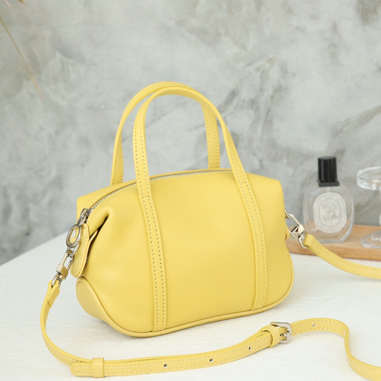 Top-grain Leather Textured Small Square Bag For Women, New Korean-style Trendy Shoulder Boston Bag With Crossbody And Ha