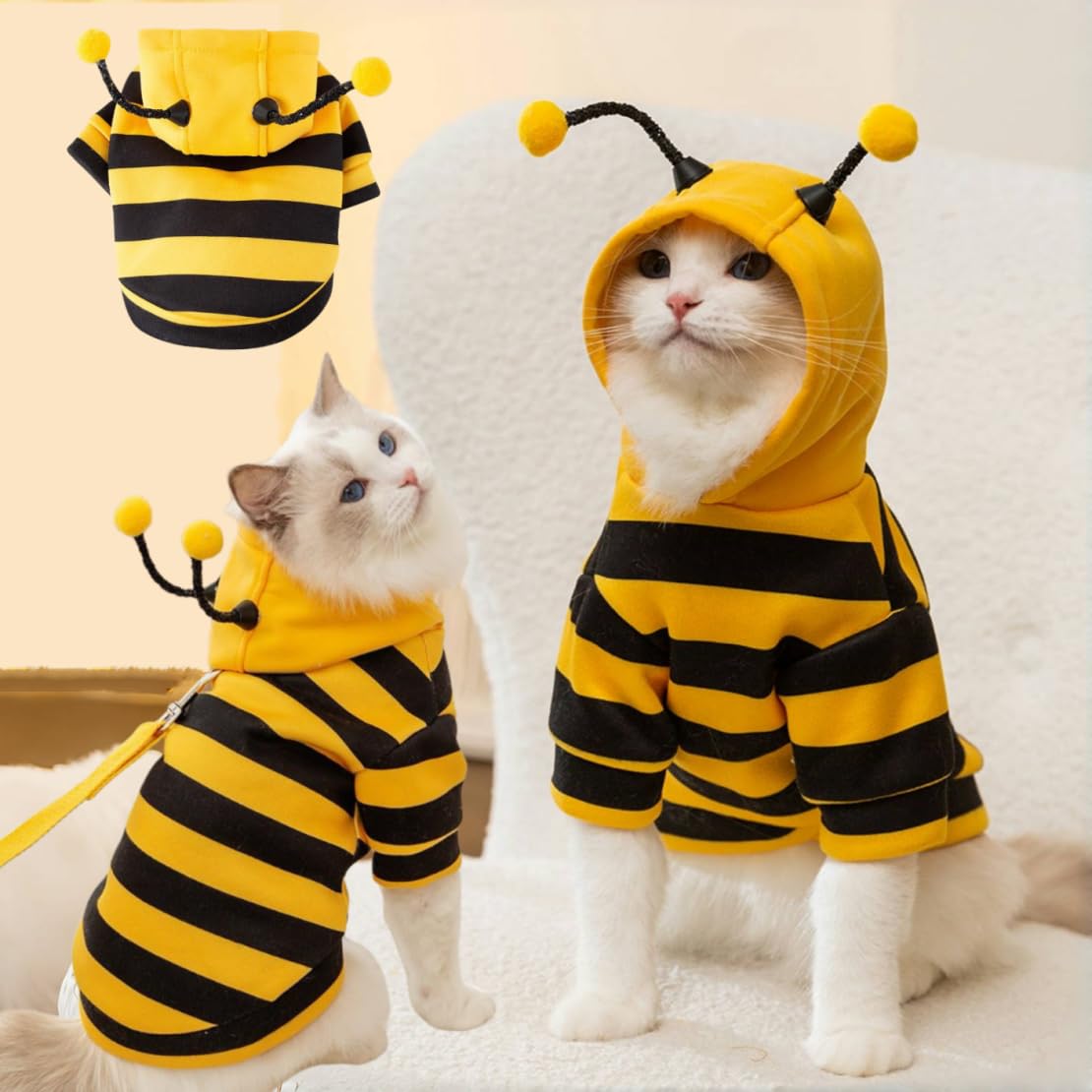Cute Cat Bee Costume - Pet Halloween Apparel Bumble Bee Cosplay Clothes Antennae, Soft Warm Fleece Hoodie For Cats, Kitt