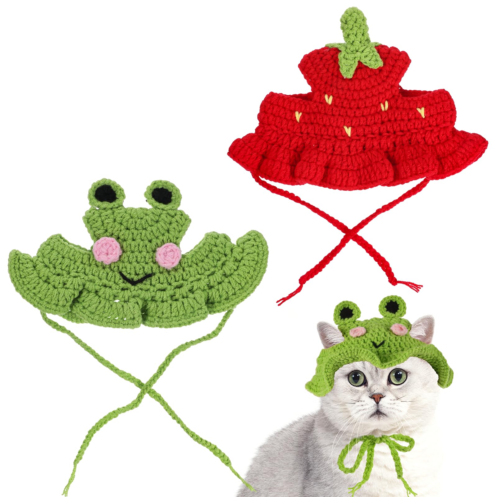 2Pcs Crochet Cat Hats Knit Cat Hat Strawberry And Frog Hat Cute Knit Cat, Soft, With Adjustable Cord, Handmade Crochet C