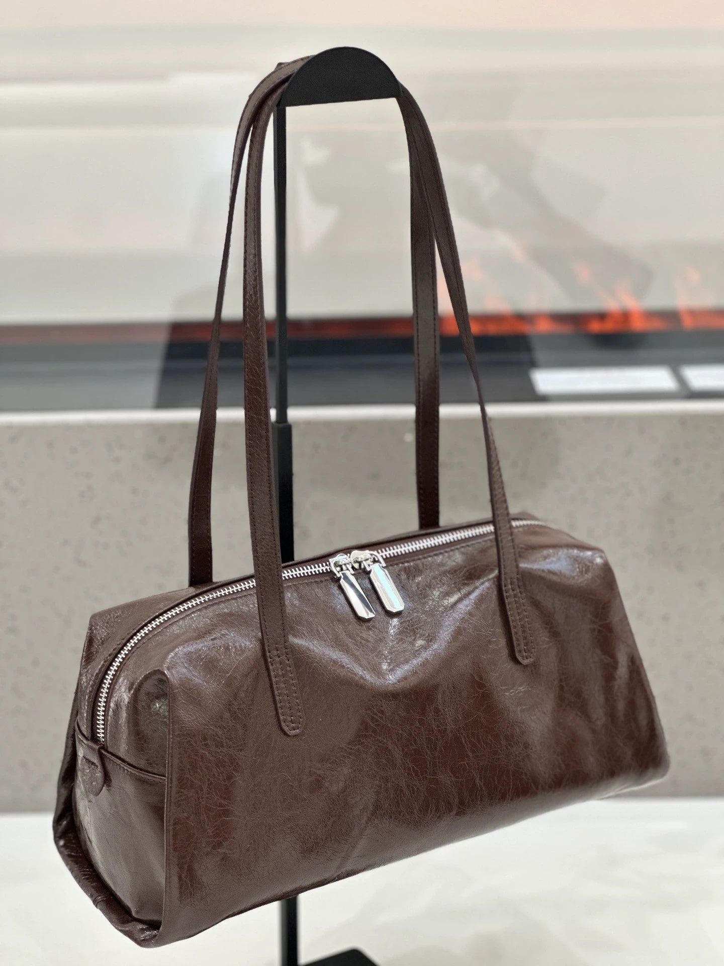 Genuine Leather Women's Bag, Top-grain Cowhide, Large Capacity Bowling Bag, Oiled Wax Leather Shoulder Bag, Boston Handb
