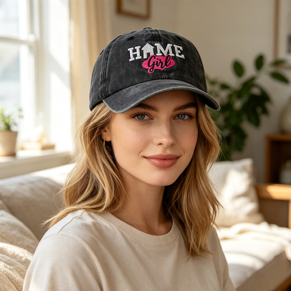 Vintage Washed Black Baseball Cap For Women, HOME Girl Embroidered Distressed Hat, Adjustable Soft Cotton Casual Trucker