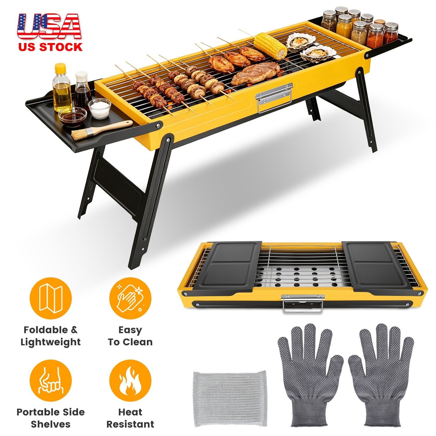 1Pc Portable Folding Charcoal Grill Stainless Steel Camping BBQ Grill With Side Panels Compact Tabletop Barbecue Grill With Carry Handle For