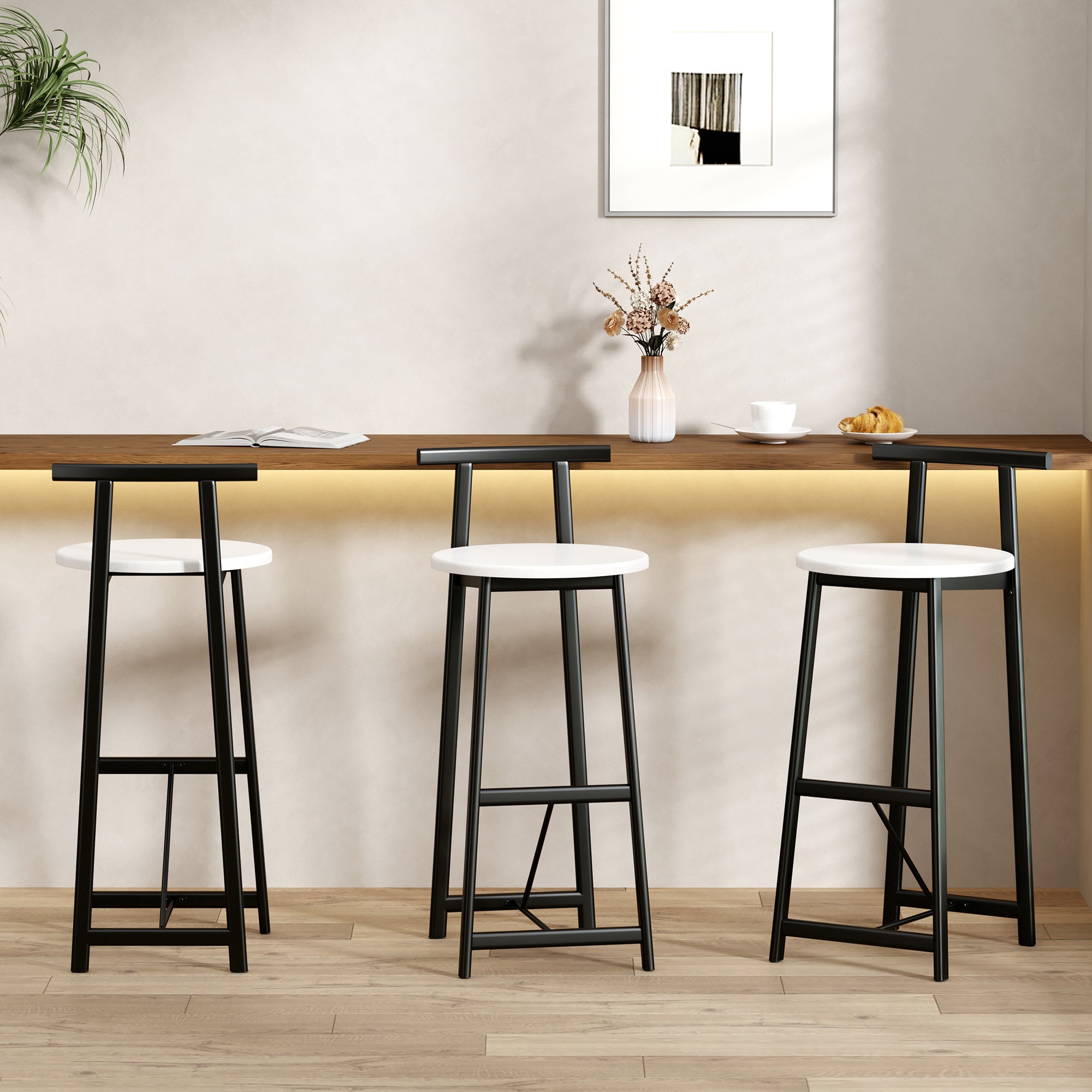 Bar Stools Kitchen Island Bar Chairs Set Of 3 Metal Counter Barstools With Backrest For Dining Pub Room Black & White