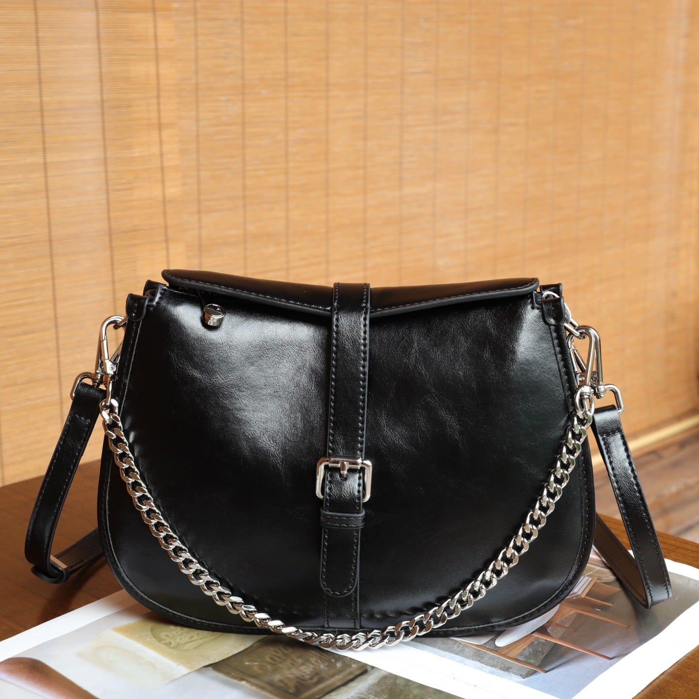 Cross-border Top-layer Genuine Leather Saddle Bag, Versatile And High-end Feeling, Women's Fashion Simple Shoulder Chain