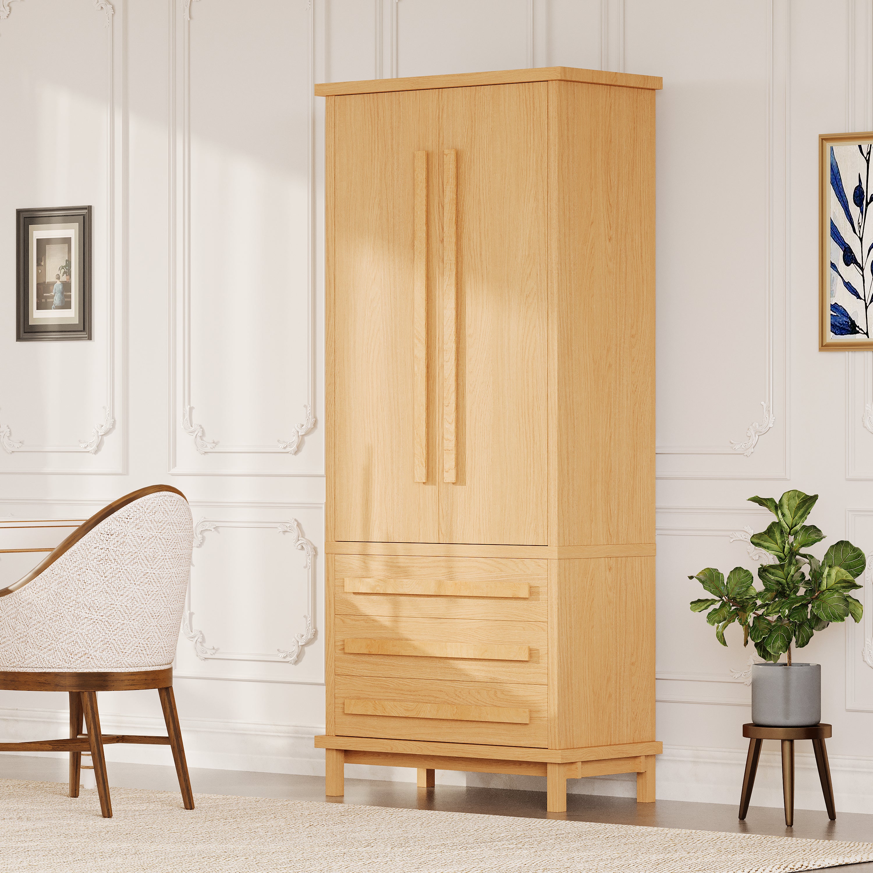 70 Kitchen Pantry Cabinet With 2 Cabinet Shelves,Luxurious Wooden Cupboard With 6 Door Shelves And 3 Drawers For Kitchen, Dining Room,Natura