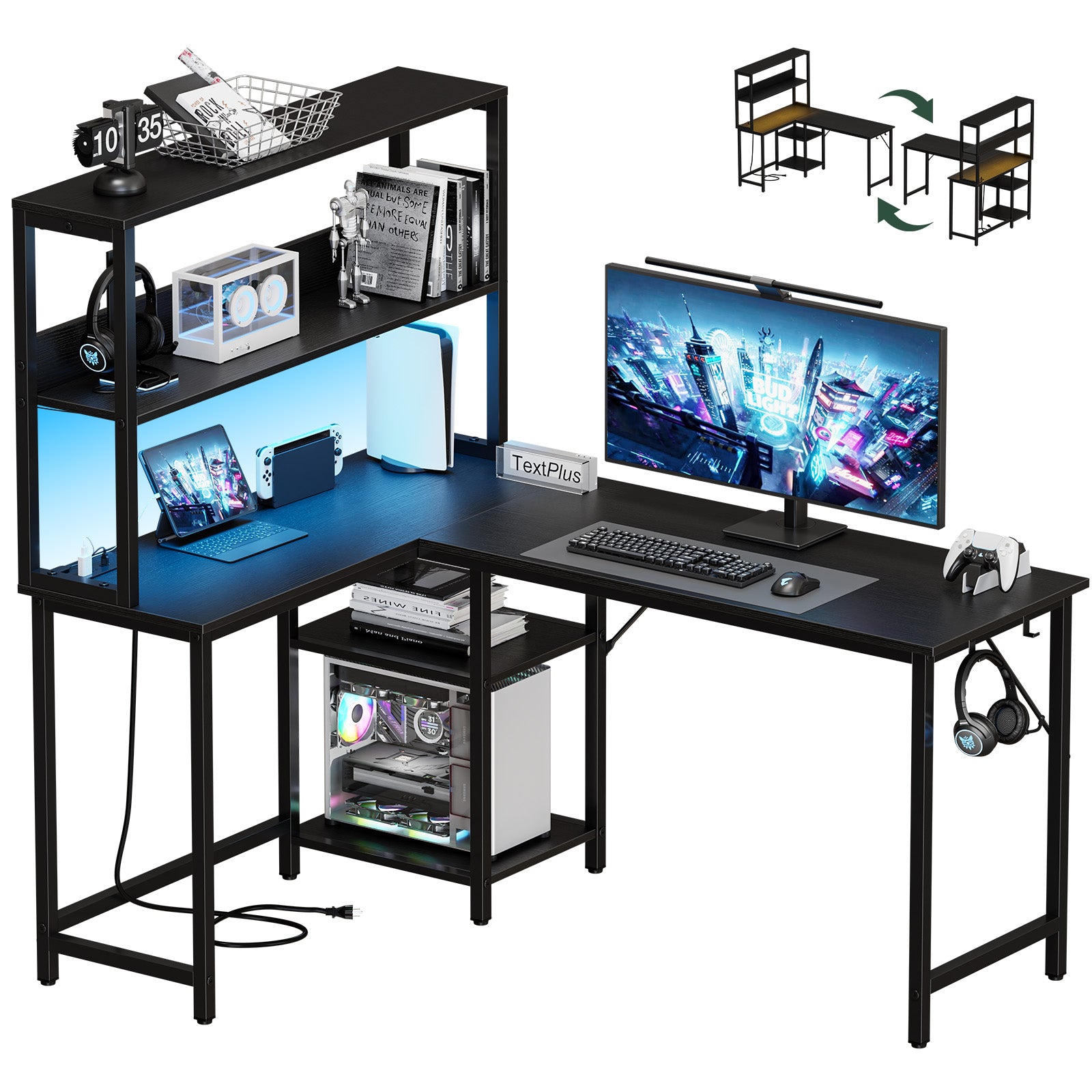 L-shaped Gaming Table, Flip-up Computer Desk With Power Socket And LED Lights, Equipped With Storage Shelves And Hooks