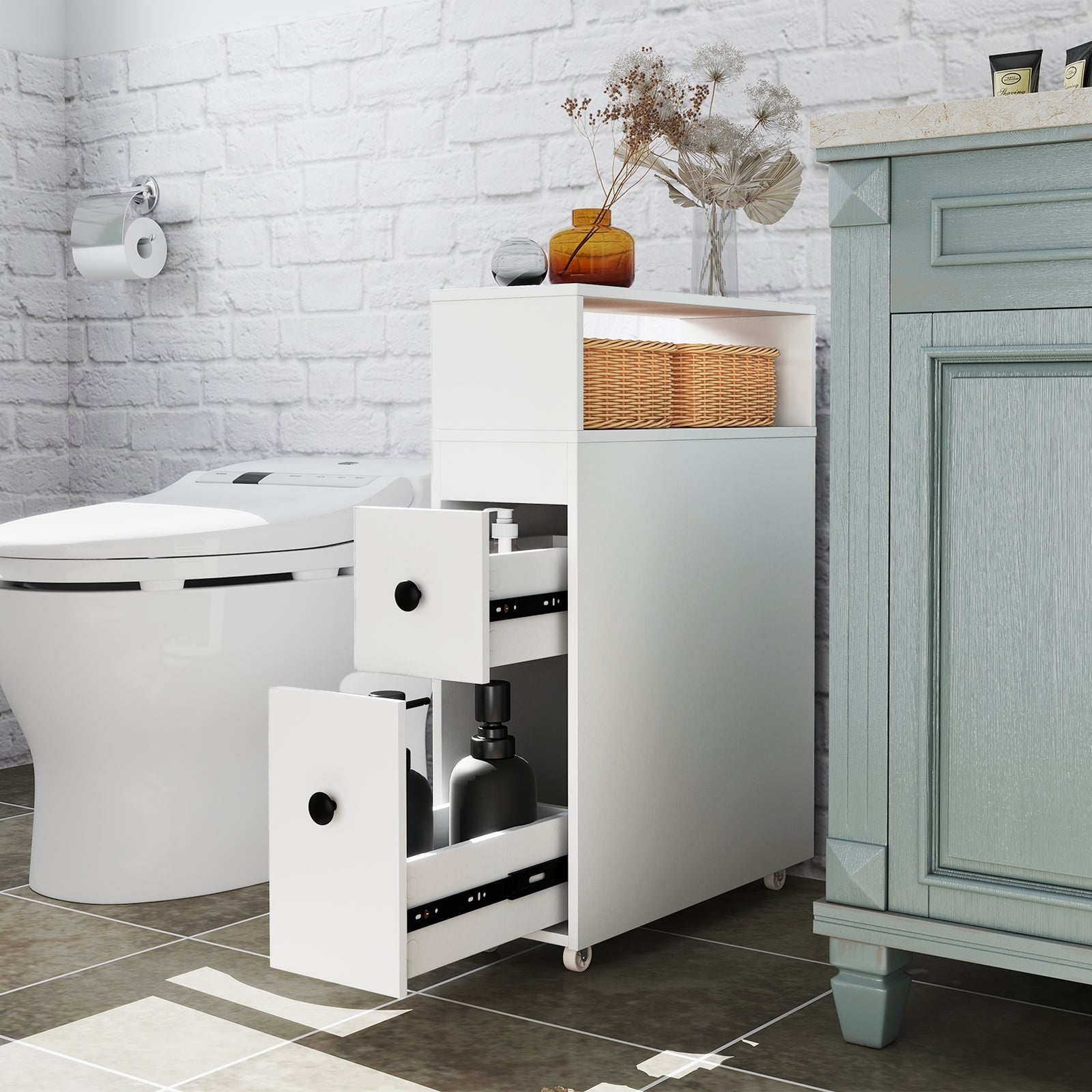 Slim Bathroom Cabinet Wooden Toilet Organizer With Deep Slide Out Drawers